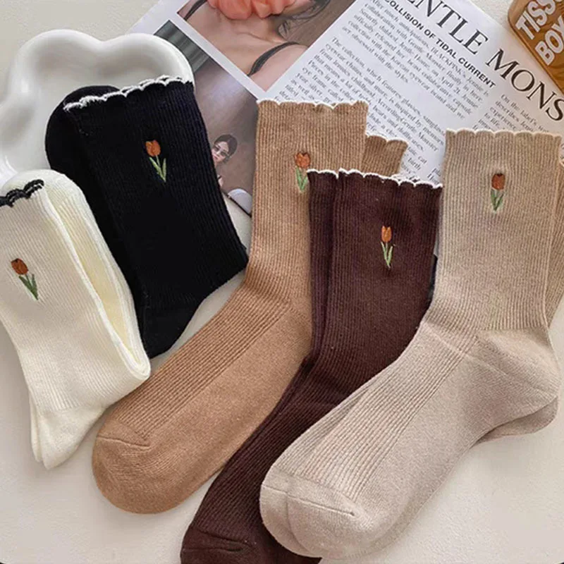 5/10 Paar mittellange Socken einfarbige Socken hochwertige Damen Baumwolle hochwertige Damen Retro Socken College-Stil Socken