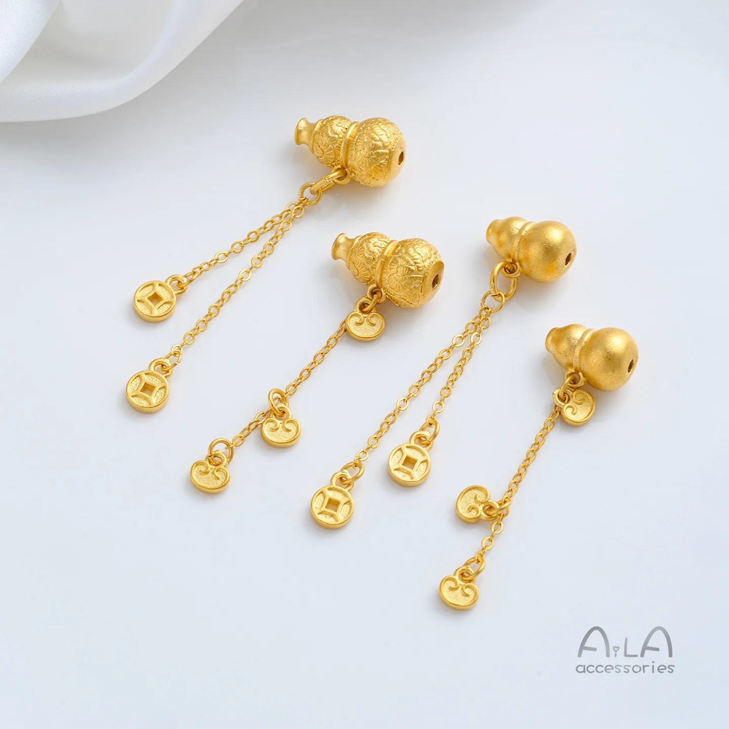 24K Gold Plated Brass Patterned Gourd Copper Coin Charms Smooth Gourd Cloud Tassels DIY Jewelry Making Findings