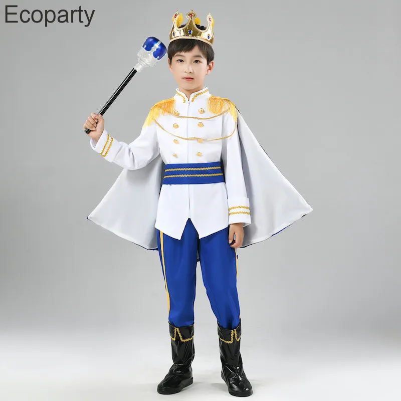 7pcs Set Kids Prince Costume Children Deluxe Medieval King Jacket With Cape Pants Crown Mace Suit Boys Halloween Party Costumes