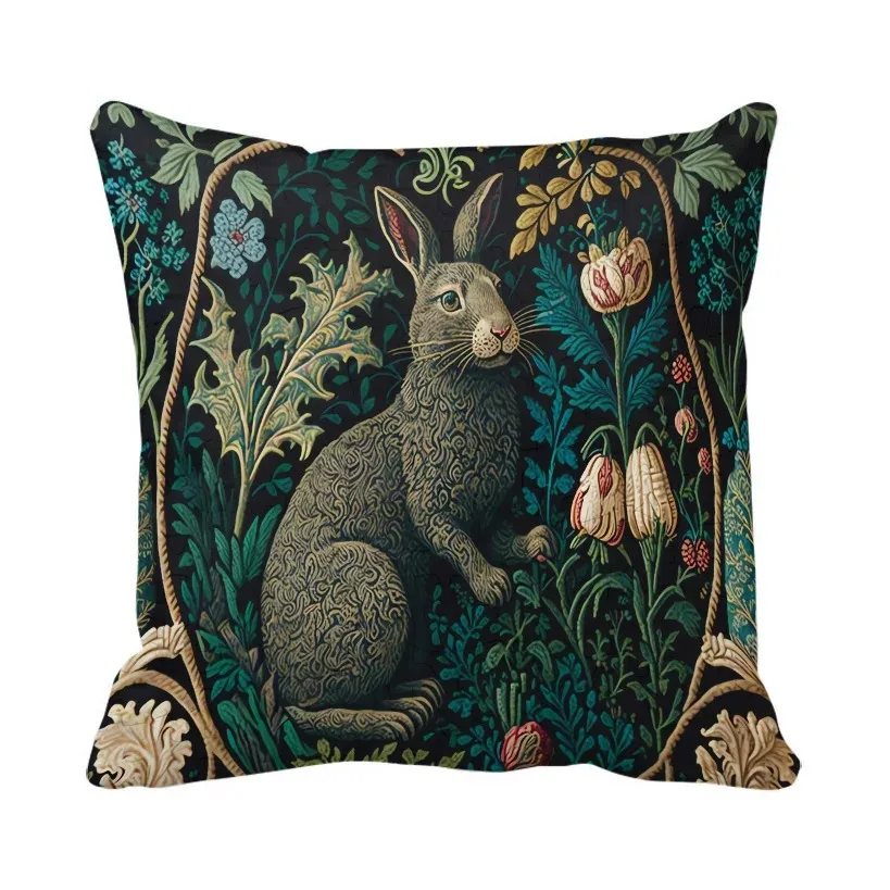 Vintage Botanical Rabbit 3D Pillow Cover, William Morris Style Floral Print Polyester Cushion Case, Dark Green Forest Themed Hom