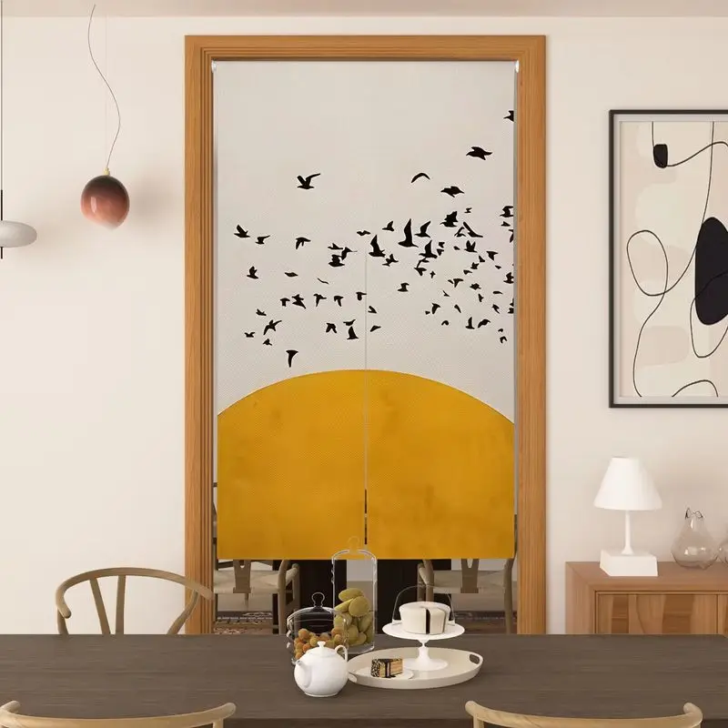 VIKAMA Japanese Minimalist Noren Door Curtain Birds Bare Branch Print Zen Home Decor Doorway Curtain Aesthetic Warm Tone