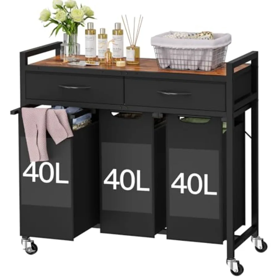

Laundry Sorter 3-Section 120L Hamper with 2 Drawers 2-Tone Top Panel Rolling Organizer with Pull-Out Removable Oxford Fabric Ba