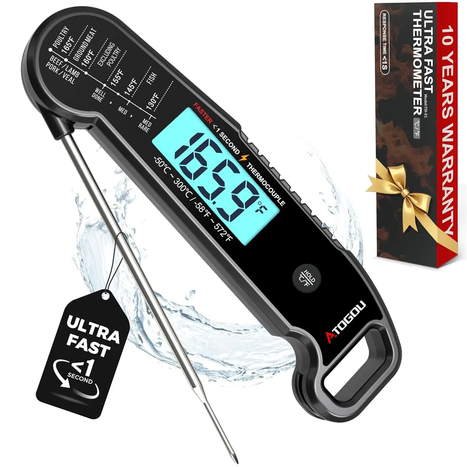 

Instant Read Food Thermometer, 1 Second Response, ±0.5℉ Accuracy, Waterproof For Cooking, BBQ & Grill