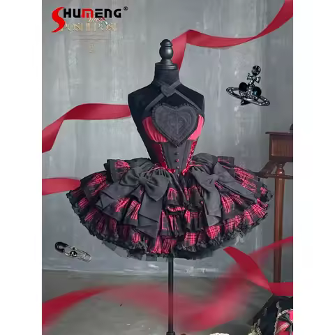 High Quality Cosplay Lolita Black Red Plaid Dress Female Sweet Cute Bow Neck Princess Dress Lady Gothic Slim Party Evening Dress