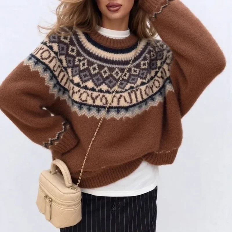 New Autumn Winter O Neck Long Sleeve Knitted Sweater Women Casual Vintage Printed Sweaters For Women Fashion Warm Jumper