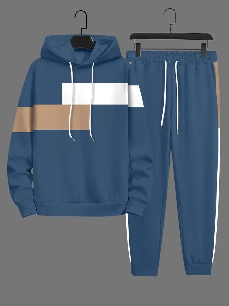 2-piece Color Block Men\'s Casual Tracksuit Set Casual Long Sleeve Drawstring Hoodie+ Jogging Pants Set Gym Running suits