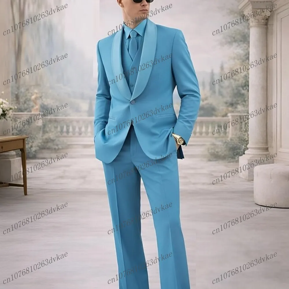

New Sky Blue Men Suit Wedding Party Formal Groom Groomsman Prom Business Male Tuxedos 3 Piece Set Jacket Vest Pants