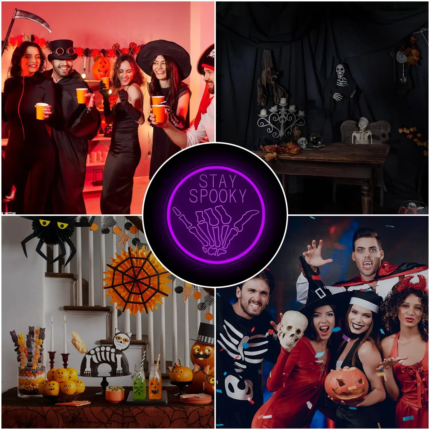 Hanging Skull LED Neon Sign Halloween Stay Spooky Wall Decor for Bedroom Game Room Man Cave Party