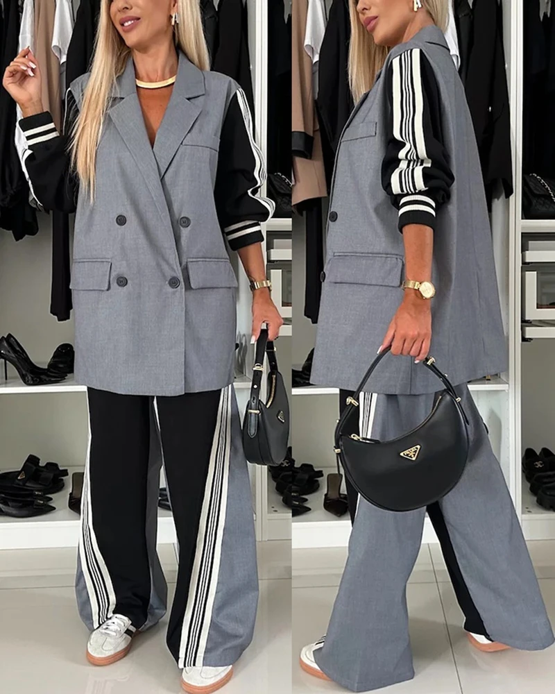 Women Elegant 2 Pieces Loose Suit Set Outfit Long Sleeve Striped Double Breasted Blazer Top and Casual Wide Leg Pants Set