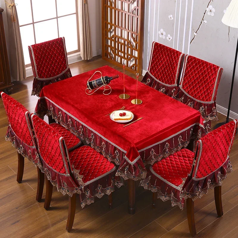 Luxury European Light Chair Cushion Cover Tablecloth Dining Chair Cushion Table Cover Home Spandex Chair Cover Jacquard Red 1pcs