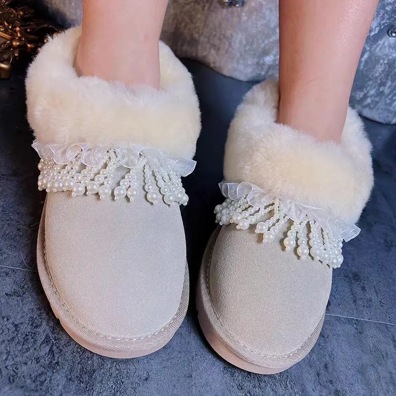 

Зимние сапоги ручной работы с жемчужными кисточками и кружевом из бисера, утолщенные удобные женские хлопковые туфли большого размера, размеры 35-40