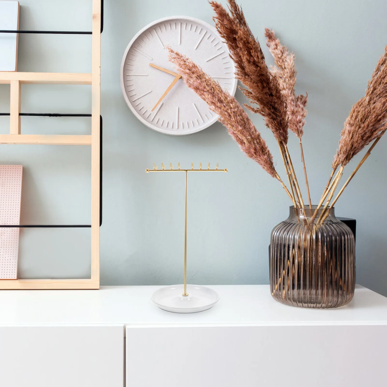 

Sleek T Shaped Necklace Jewelry Rack with Tray for Earrings Rings Bracelets Organizer Stand Space Saving Modern Vanity Table