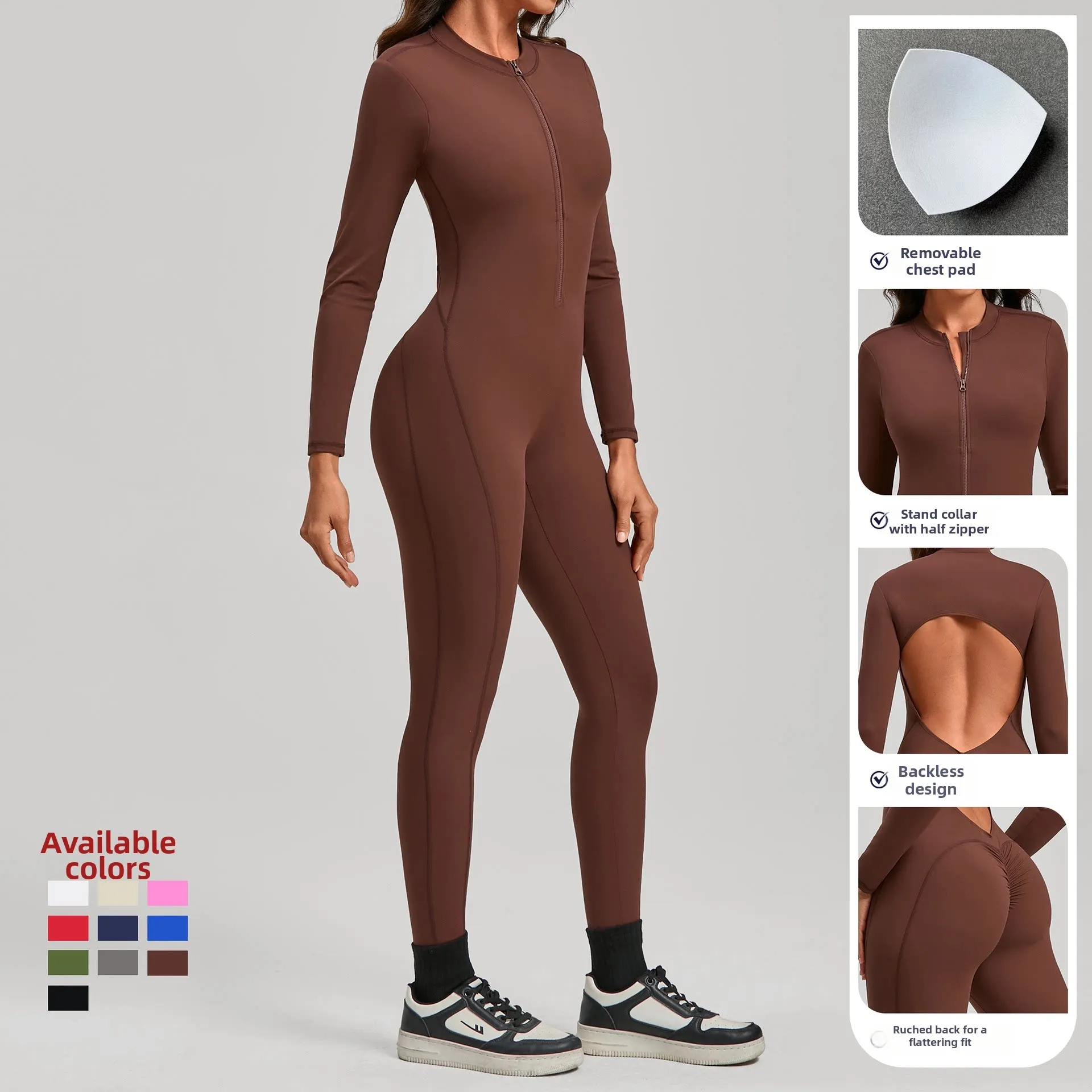 Women Nude‑Feel Zip Long Sleeve Yoga Jumpsuit Tight One‑Piece Bodysuit Outer Wearable For Gym Fitness Workout Pilates