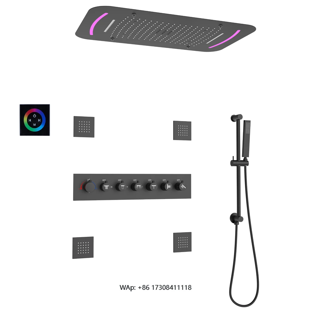 

Modern Luxury Ceiling Mounted Shower Faucet Set Large Rain Shower Head LED Body Jets Brass Ceramic Soft Massage Spray Pattern