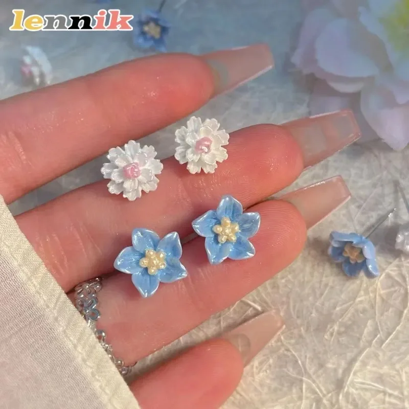 LENNIK 925 Silber Nadelohrringe, Blaue Kamelie Damen Ins-Stil Süßer Eleganter Minimalistischer Schmuck, Luxuriös Schick