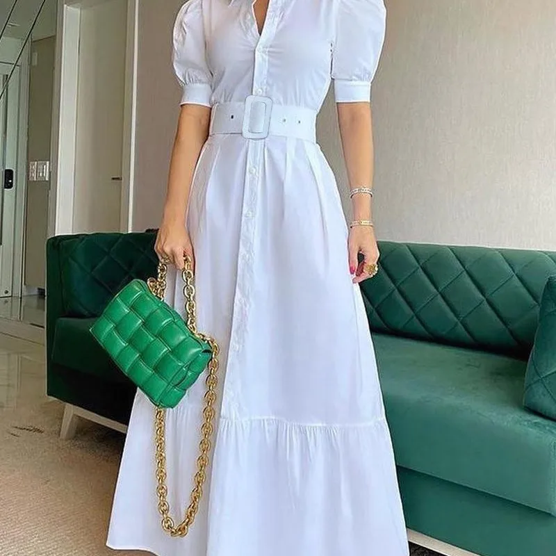 2023 New High Waist Temperament Solid Color Mid length Skirt Slim Fit Bubble Sleeve Dress with Belt robe longue summer