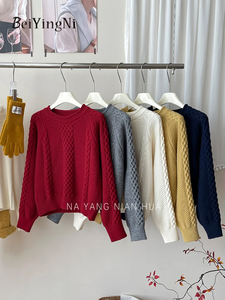 

Beiyingni New Style Vintage Sweater for Women Solid Color Crimping Twist Soft Knitwear Female Thicken Tops Casual Red Pullover