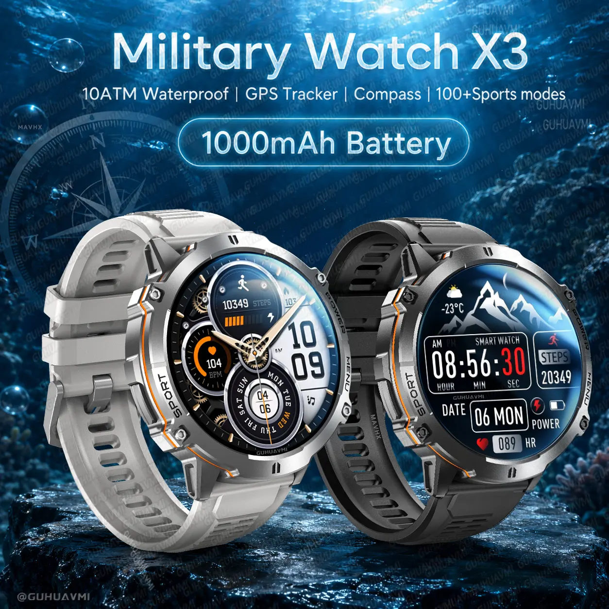 Newly Military Sports SmartWatch Men 1000mAh Battery 10ATM Waterproof AMOLED Compass Altimeter Bluetooth Call Fitness Smartwatch