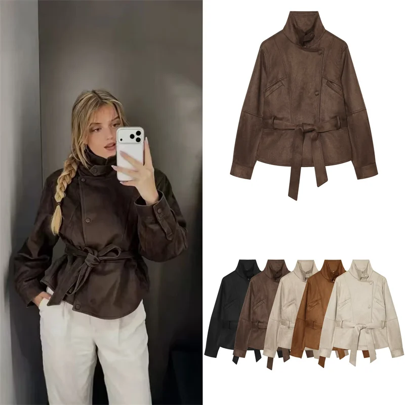 Guobioziy Women's Jacket 2026 Early Autumn New Style European and American Stand Collar Lace-Up Waist Suede Slim Fit Coat