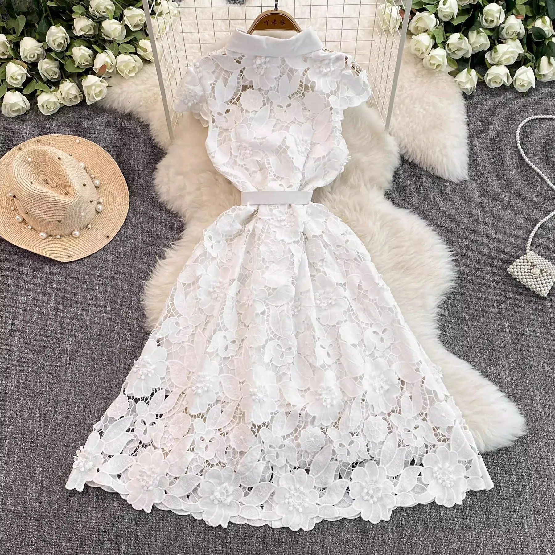 Summer Autumn Sundress Holiday 3D Flower Embroidery White Lace Prom Dress Shirt Women Elegant Evening Party Midi Long Vestidos