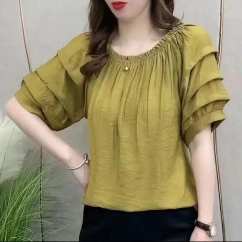 Women Summer Simplicity Loose Trend Pleated Solid Color O-neck Short Sleeve T-Shirt Ladies Casual All-match Appear Thin Top Tee