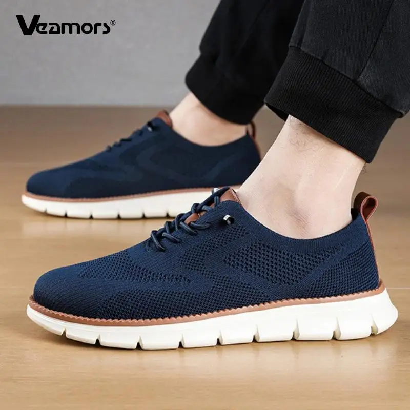 Men's Knitted Walking Shoes Breathable Mesh Casual Shoes Lightweight Daily Flats Fashion Lace-up Leisure Shoes Big Size 39-48