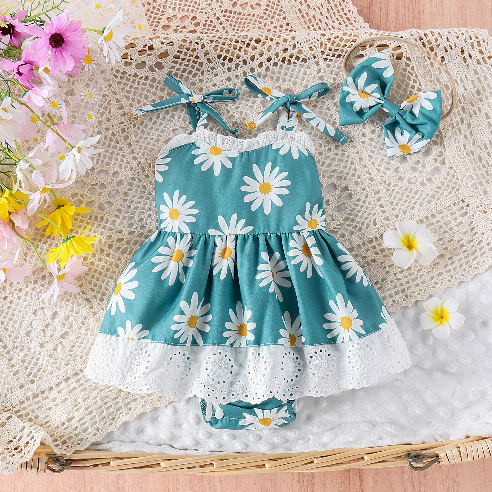 2PCS Summer New Style 0-1 Girl And Baby Comfortable Foreign Style Fashionable Multi-Color Suspender Printed Dress + Bow Head