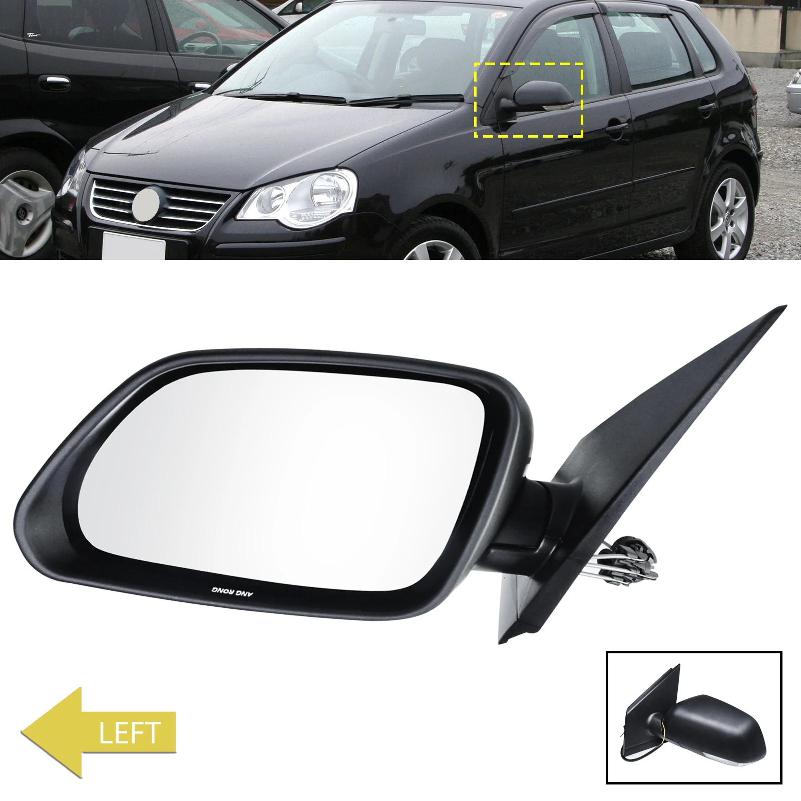 For 2005-2009 VW Polo Mk4 9N3 Left Side Door Wing Mirror Manual Cable Black N/S