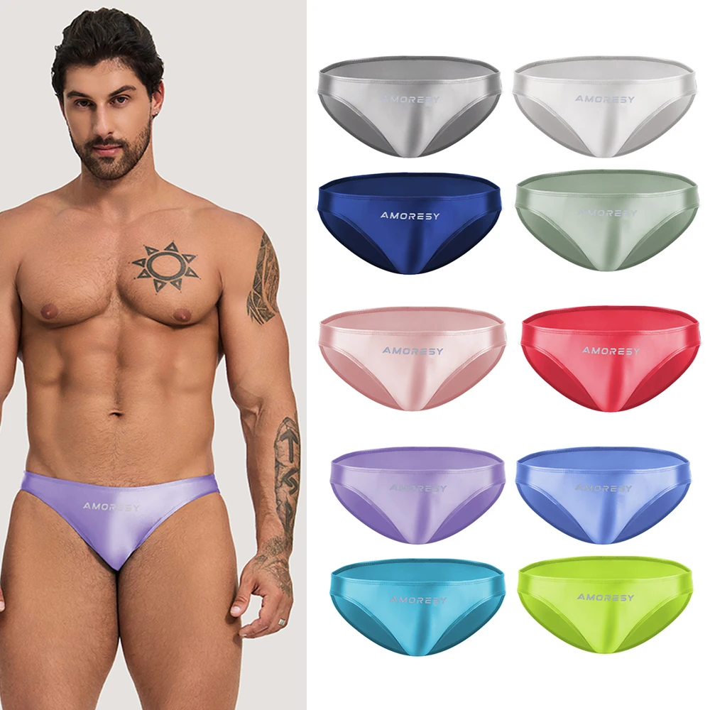 AMORESY-bañador sexy de seda para hombre, ropa deportiva de cintura ultra baja, color sólido, suave, para playa, hogar