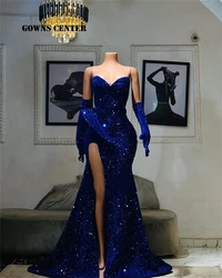 Fancy Royal Blue Sequin Mermaid Evening Dress High Split With Gloves Women Formal Party Dress robe de gala Sweetheart Customized