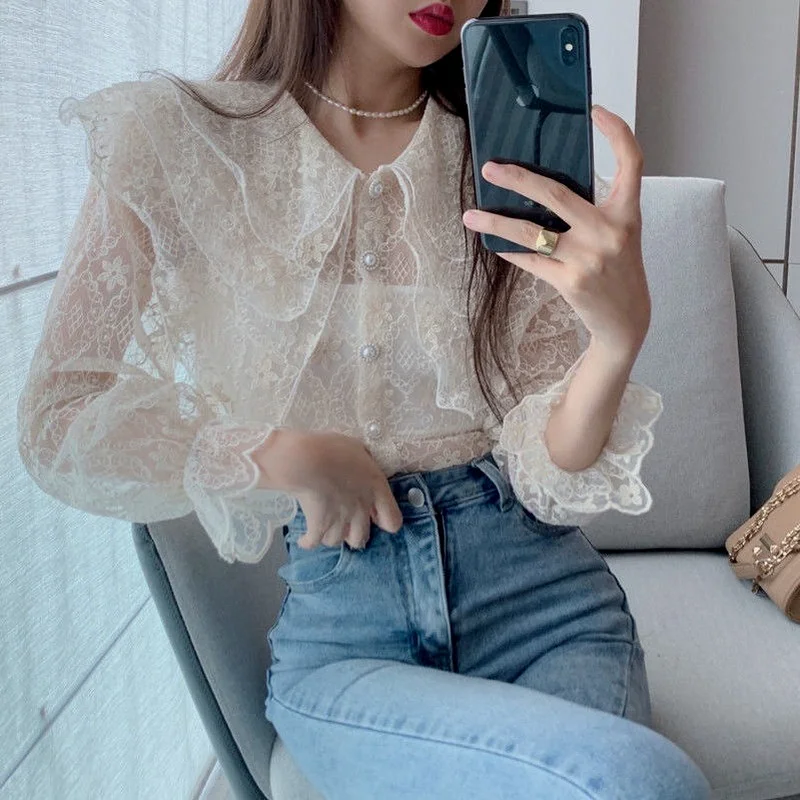 Shirts Women Sheer Thin Summer Sweet Ladies Fashion Lovely Simple Blusas Hot Sale Preppy Style Peter Pan Collar Ulzzang Holiday