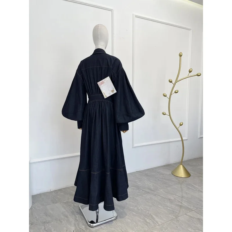 2025 Vestido midi vaquero de manga larga azul marino de nueva moda