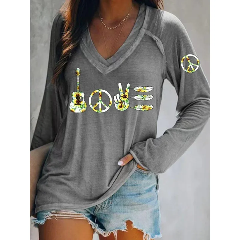 Ilstile Women's Hippie Music Peace Print T-Shirts Autumn Summer Long Sleeve Casual Loose V Neck Tops Tees NEW
