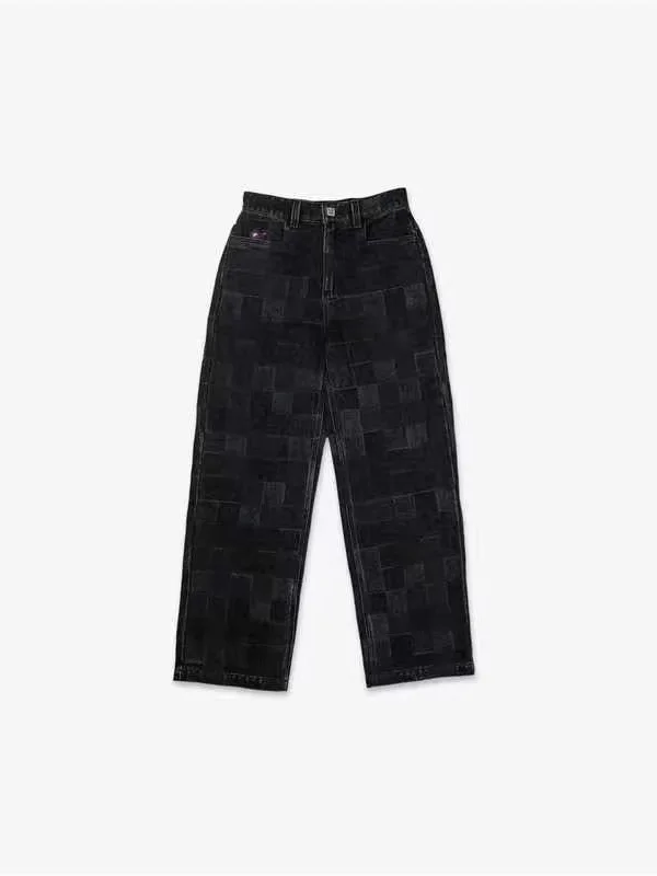 

Premium Feel High Street Men's Wide Leg Jeans Spring Summer Teen Straight American Casual Plaid Cotton Denim mid Waist Button