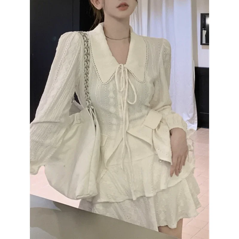 2024 Spring for Women Korean Style White Shirt + Ruffle Mini Skirt Suit 2 Pieces Sets Tight-fitting Retro Y2k Suit