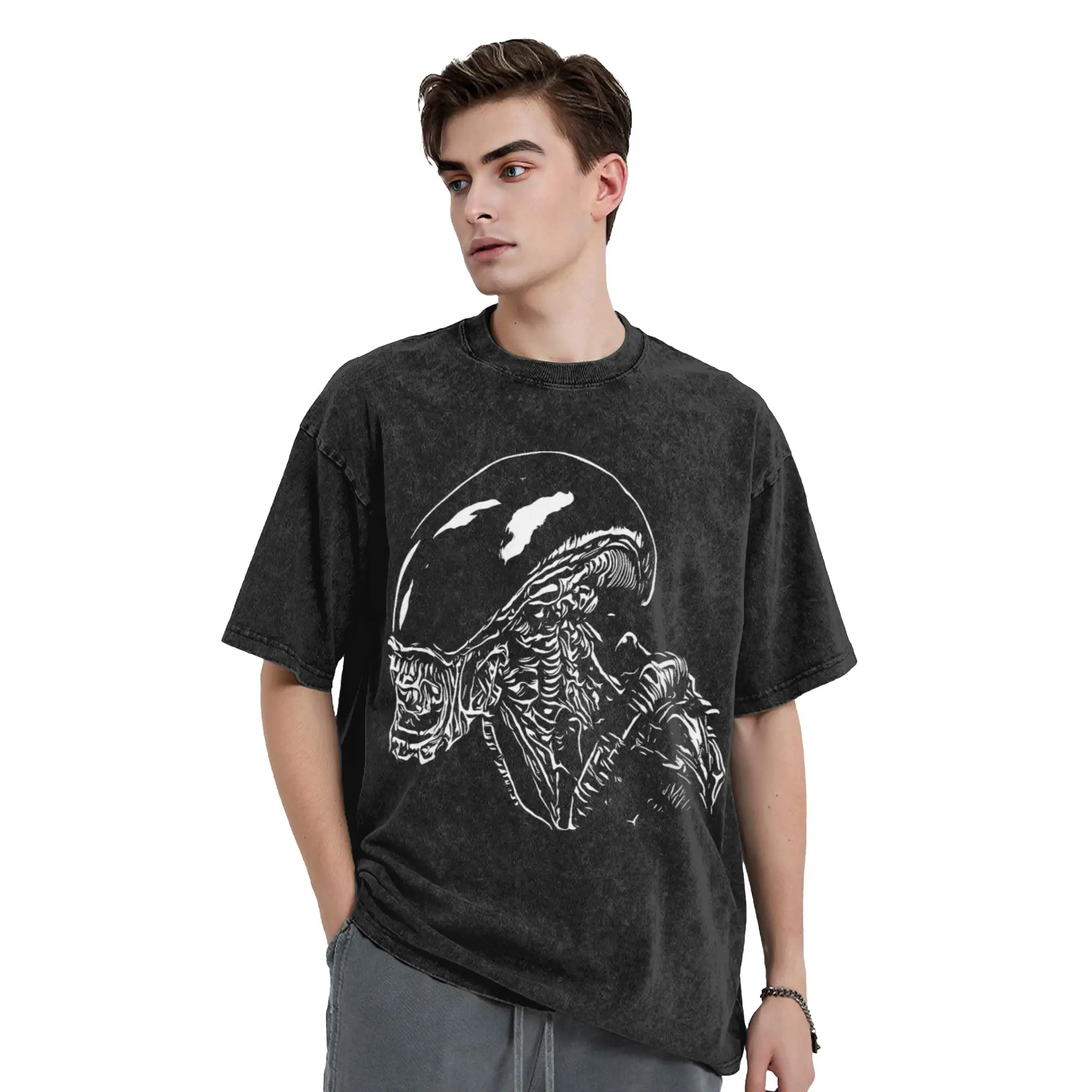 Washed T Shirts Xenomorph Alien 1979 Hip Hop Vintage T-Shirt High Street  Streetwear Cotton Summer Tops Tees Men Women