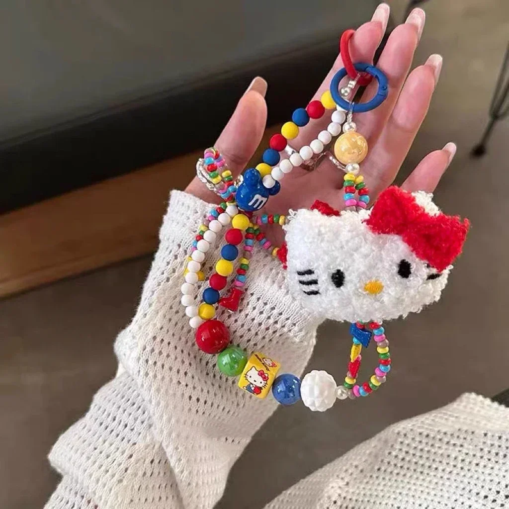 Sanrio Colorful Beaded Keychain Hello Kitty Kawaii Cartoon Plush Phone Strap Wrist Strap Backpack Pendant Decoration Gifts image 2