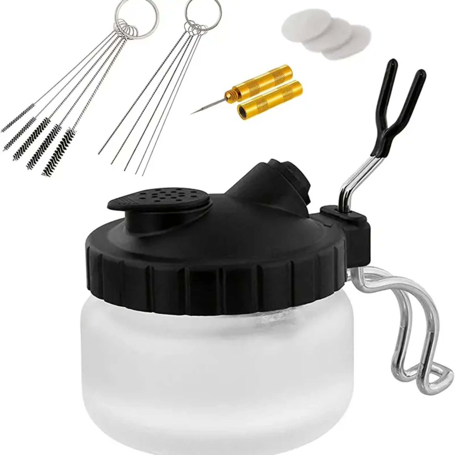 Airbrush Cleaning Kit with Glass Cleaning Pot, Holder, 5 Nozzle Cleaning Needles, Brush, Golden Needle, Dredging Needles Kit