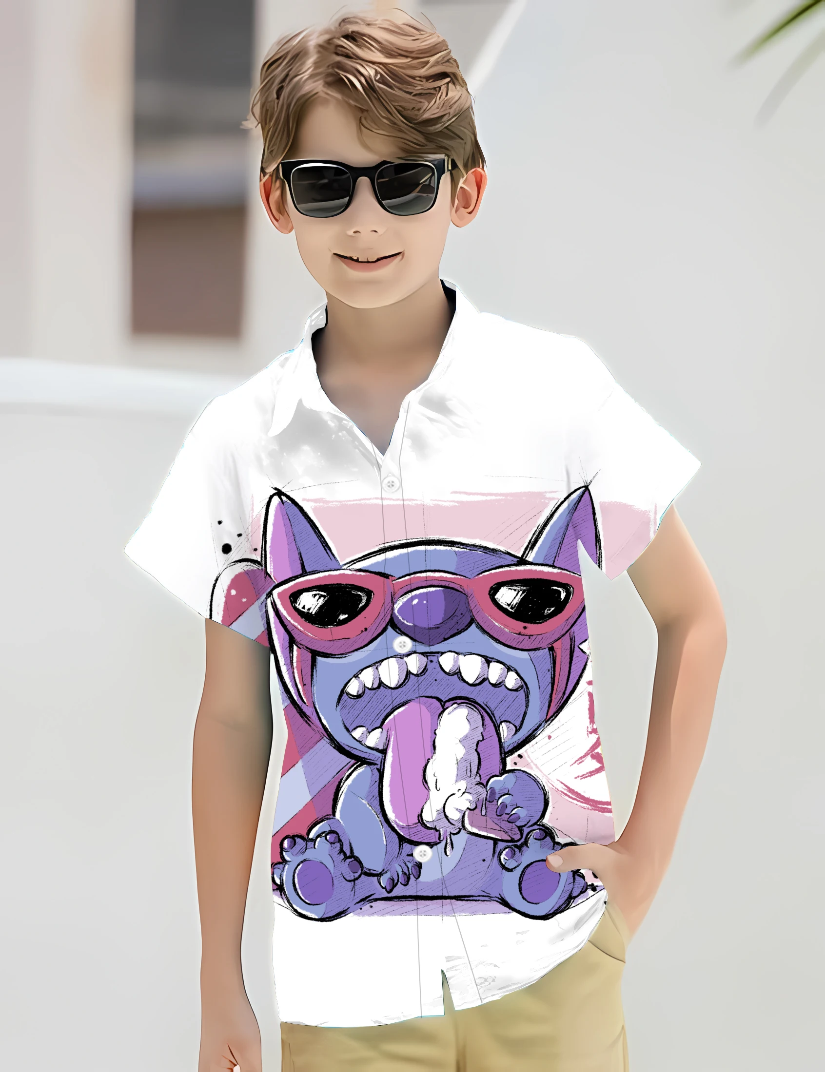 2024 Kids 3D Funny Stitch Shirts For Children Casual Boojiboo Clothes Streetwear Blouses Cartoon Y2k Lapel Blouse Button Tops