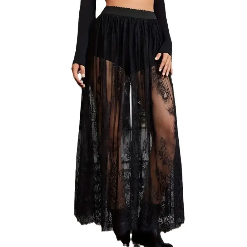 

2024 New Vintage Summer Women Long Skirt Harajuku Spring Summer Y2k Dark Gothic Pink Lace Perspective Sexy Elegant Fairy Skirts