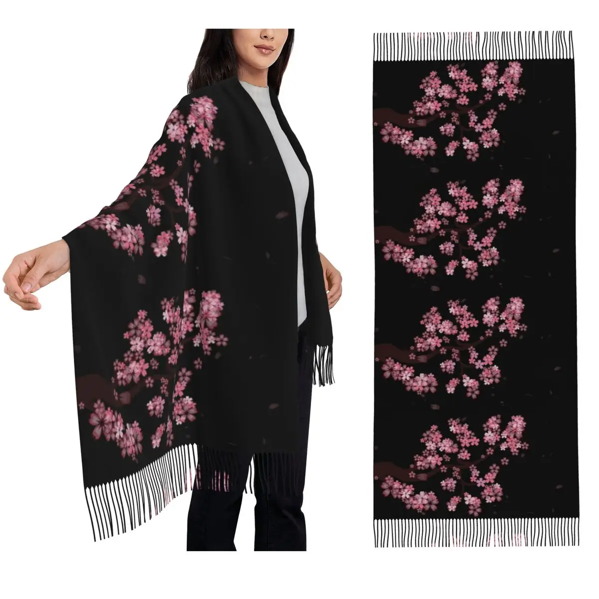 Japoński szal z kwiatami wiśni sakura, szaliki z frędzlami, miękkie i ciepłe szale i chusty damskie, duży szal na jesień i zimę.