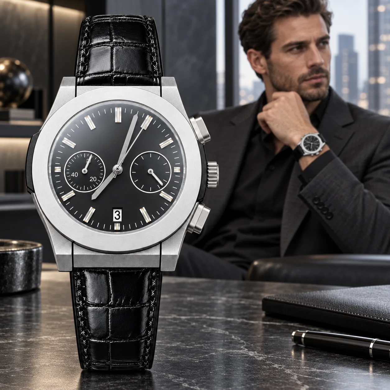 Chronograph Men's Quartz Watch 42mm 904L Stainless Steel Case Leather Band Multi-function Dial Watches Customized