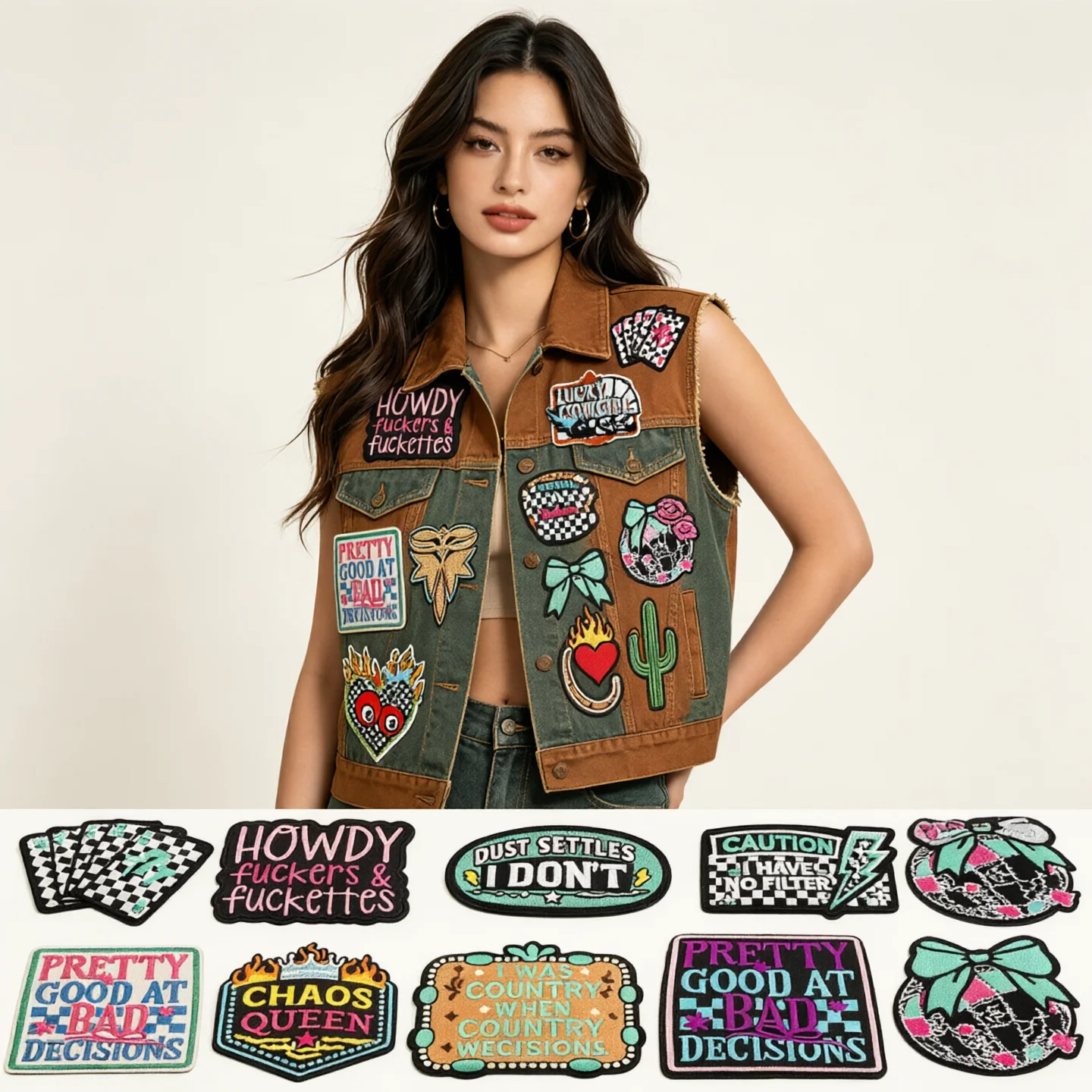 10Pcs Western Cowgirl Mixed Embroidery Iron On Patches,Slogan Poker Skull Bow Applique for Clothes Trucker Hat DIY Decor