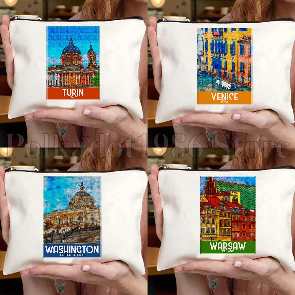 Turin Venice Warsaw Washington Ink Watercolor Painting Canvas Bag Travel Cosmetic Bag Women Makeup Case Fashion Toiletry Bag