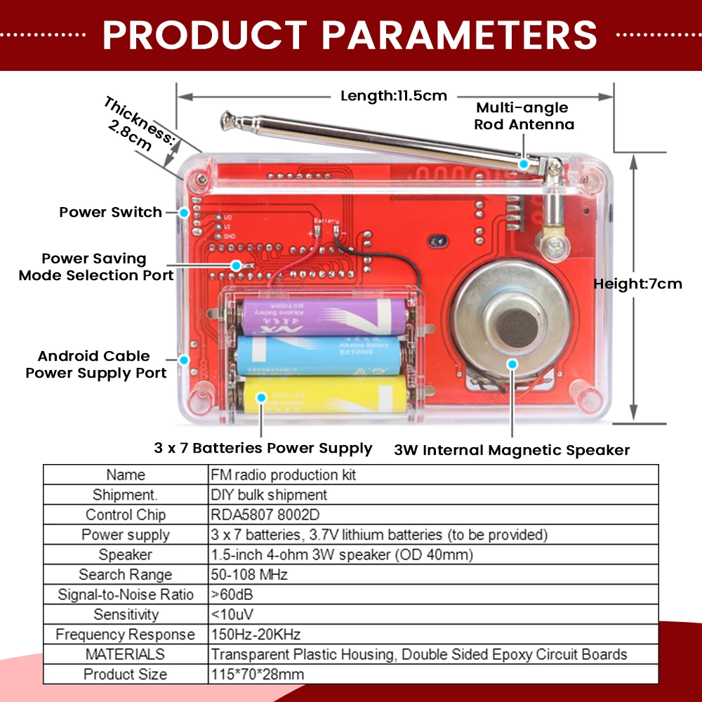 DIY FM Radio Electronic Kit 50-108MHz Adjustable IC RDA5807 with LED Digital Display DIY Soldering Kit 3W Speaker Dual Power