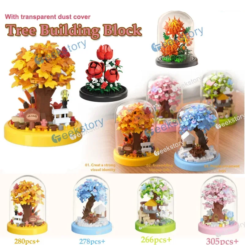 

Cherry Blossom Tree Potted Plant Micro Building Blocks With Transparent Dust Cover Rose Flower DIY Toys Ornaments Bricks Gifts
