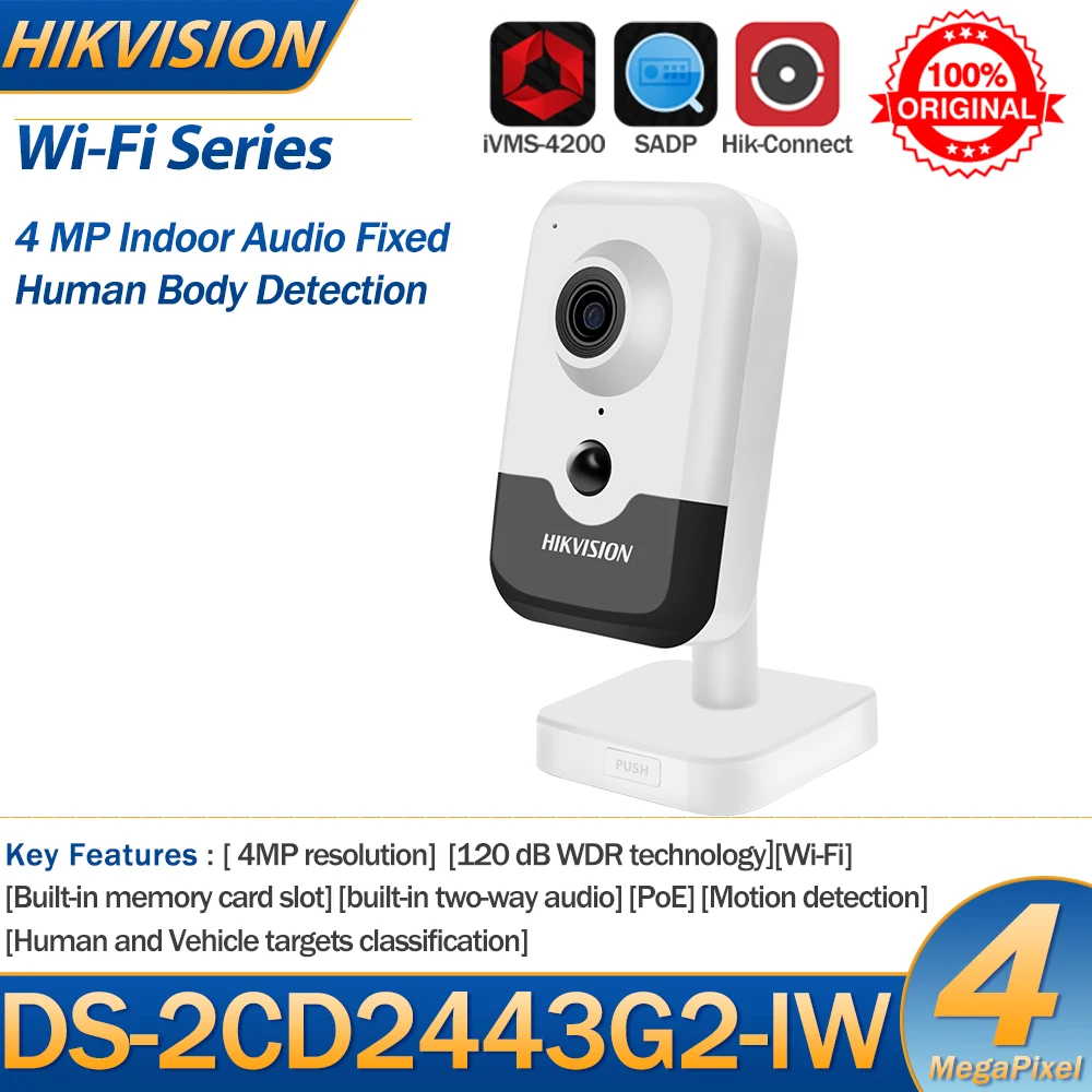 Hikvision 4MP Wi-Fi IP Camera DS-2CD2443G2-IW Indoor Human Body Detection Cube IR Network Camera PoE Two-way Audio SD Card Slot