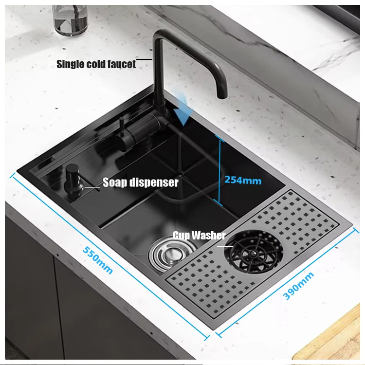 Modern Multifunction Smart Washing Cup Nano Black RV Bar Sink 304 Stainless Steel Hidden Single Bowl Sink