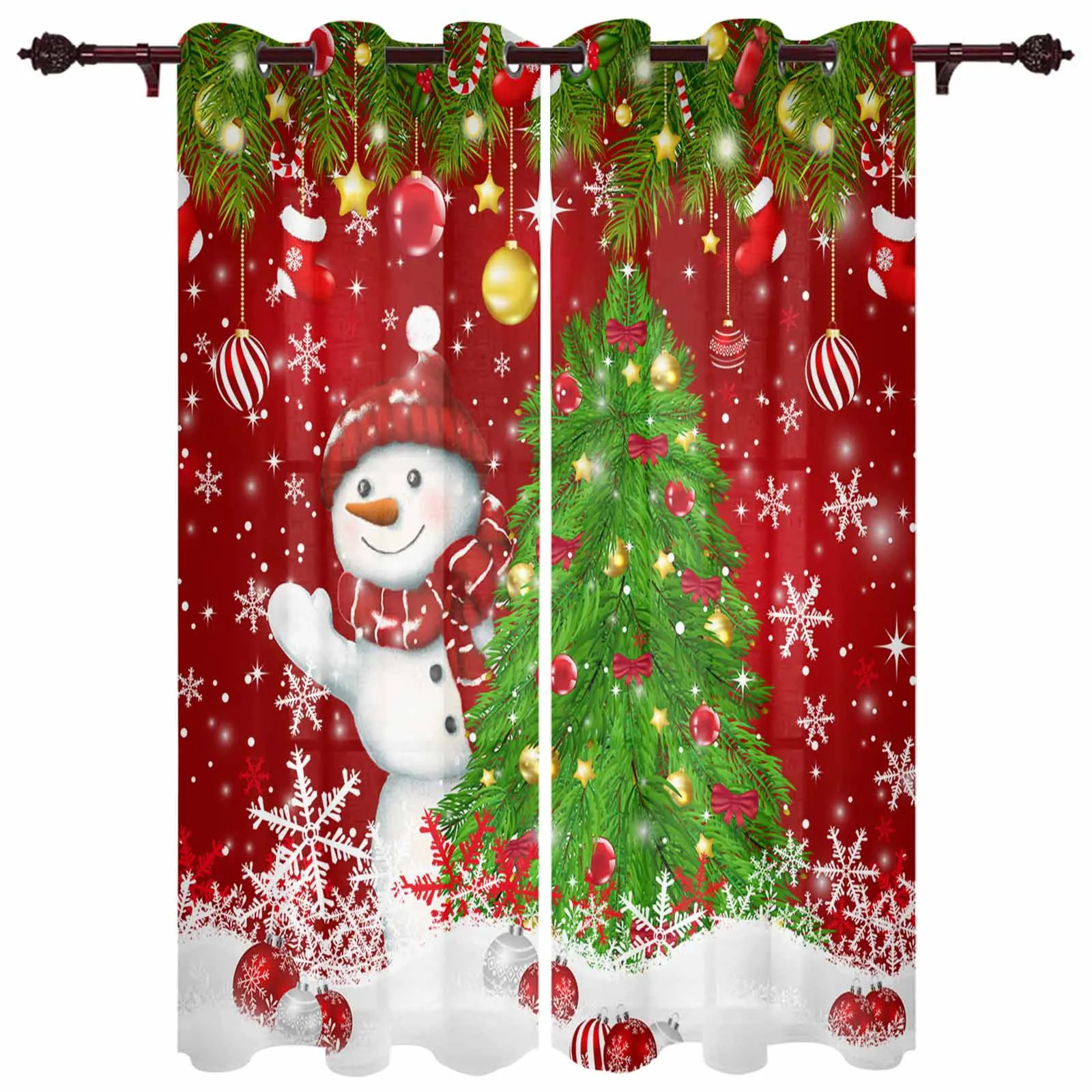 Christmas Snowman Pine Branch Socks Candy Windows Curtains Living Room Luxury Decor Xmas Curtain Bedroom Kitchen Window Drapes