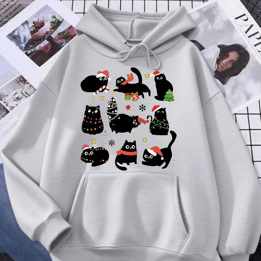 

2025 Christmas Women's Casual Hoody Sweatshirt Festive Black Cat Print with Santa Hats & Holiday Decor Long Sleeve Hoody